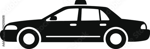 Minimal vector silhouette, taxi cab side view with roof sign, solid black, isolated on white background.