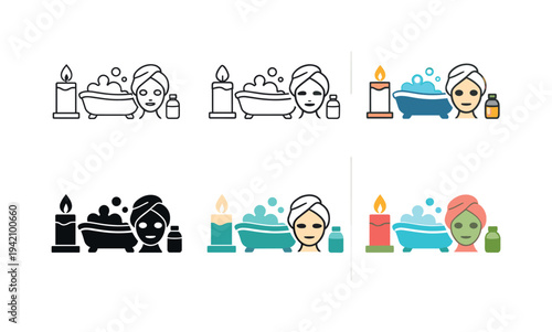 Personal wellness ritual symbol showing a candle, bathtub, face mask, and essential oil, conveying relaxation, self-care routines