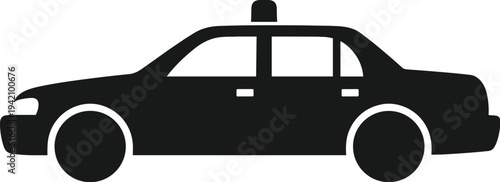 Minimal vector silhouette, taxi cab side view with roof sign, solid black, isolated on white background.