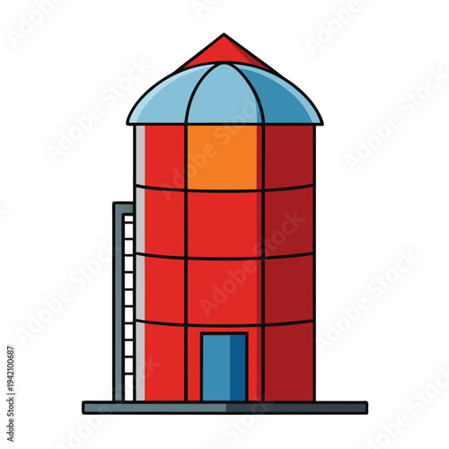 Farm silo building illustration with a red base and a blue conical roof for agricultural storage