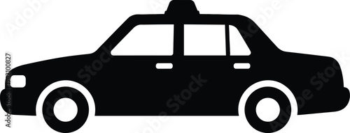 Minimal vector silhouette, taxi cab side view with roof sign, solid black, isolated on white background.