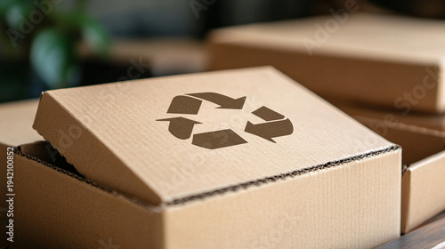 Close-up of recyclable cardboard packaging with eco friendly symbol printed on surface, sustainable business concept
