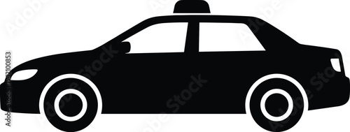 Minimal vector silhouette, taxi cab side view with roof sign, solid black, isolated on white background.