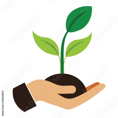 Human hand gently holding a young green plant growing in a small mound of earth