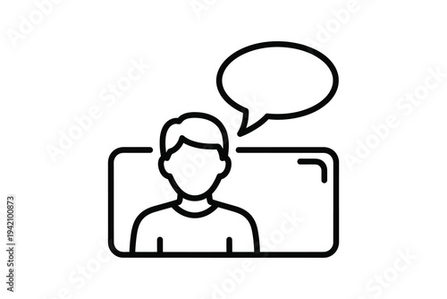 A simple line drawing of a person on a computer screen with a speech bubble, representing online communication and digital conversation.