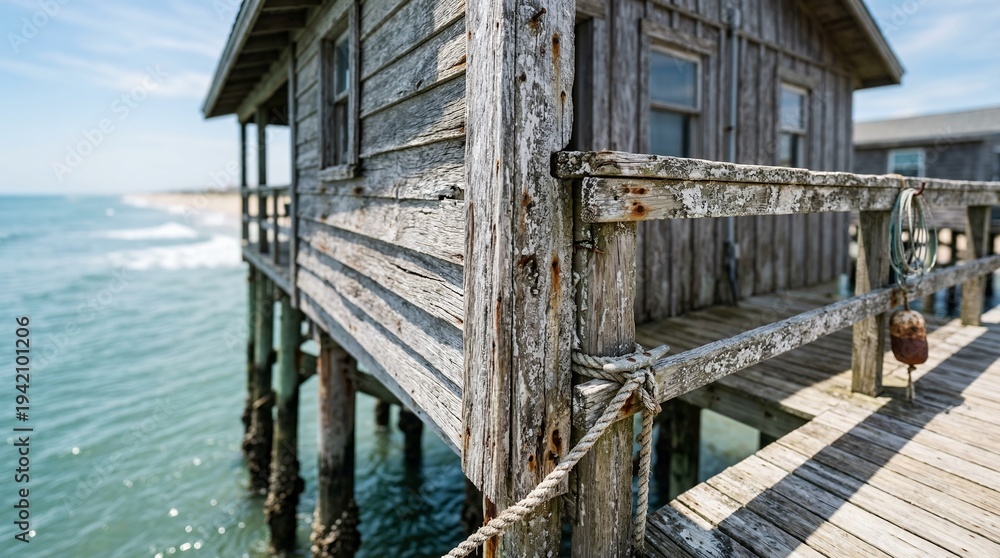 Obraz premium An old wooden pier house stands on stilts over the ocean with a weathered deck and railing on a sunny day