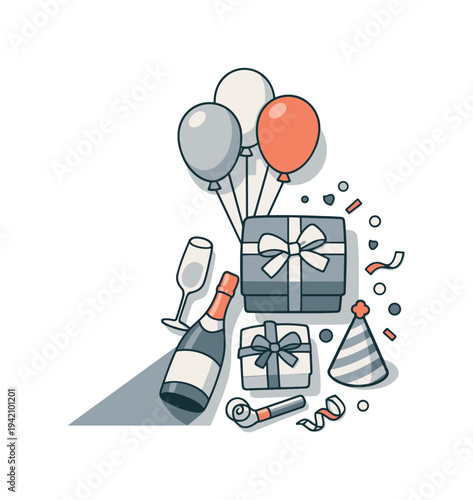 Refined contemporary celebration party essentials set with essential balloons gifts and confetti subtly offset and aligned seen