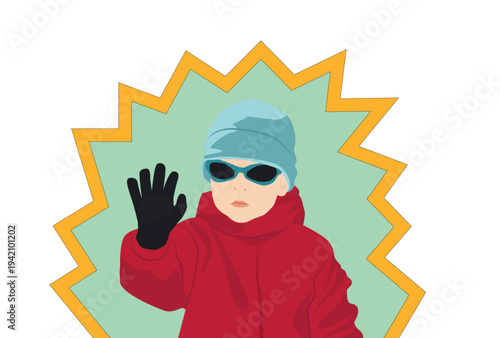 Vector illustration depicting a child in winter clothing. Cartoon character with a raised hand giving a clear stop gesture, framed by a bright decorative border.