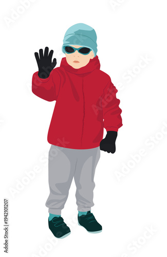 Vector illustration depicting a child in winter clothing. A cartoon character with a raised hand, either greeting or signaling to stop.