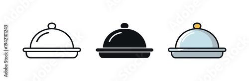 Ready to eat outcome represented by a rectangular food tray with raised edges holding a covered meal shape, front facing and