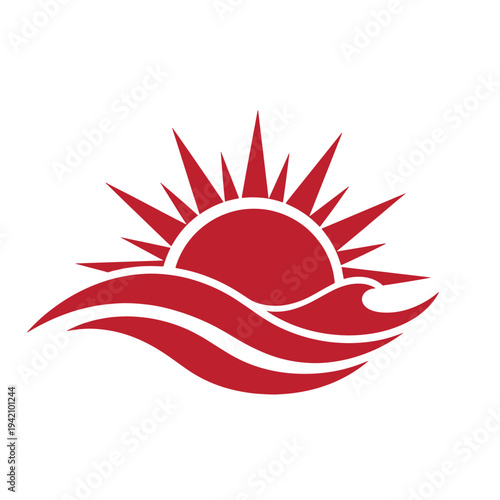 red sun rising over wavy ocean water  sunny day at sea with wave and sun  beautiful morning scene