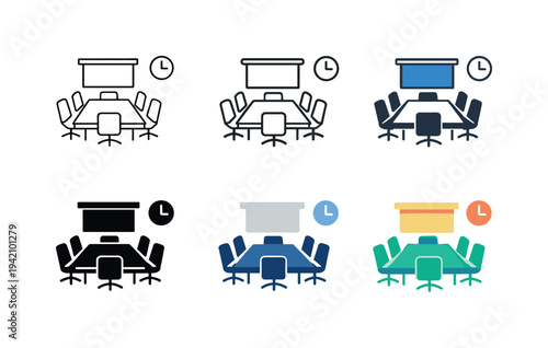 Boardroom icon showing a stylized conference table, chairs, projector screen, and clock representing meetings, team collaboration