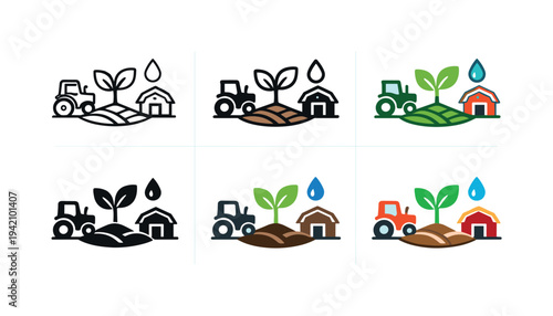 Sustainable farming icon featuring a plant seedling, tractor, water droplet, and barn, symbolizing eco-friendly agriculture,