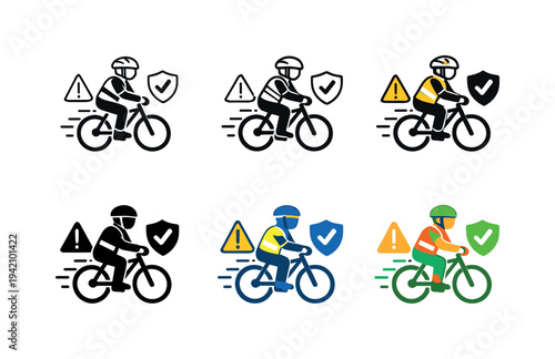 Safe riding practices icon depicting a bicyclist with helmet and reflective gear accompanied by motion and safety indicators