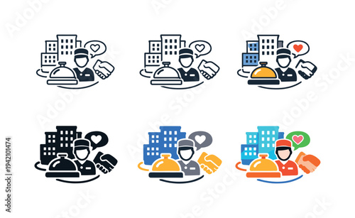 Guest service design icon showing stylized hotel buildings, concierge bell, staff, and interaction symbols representing