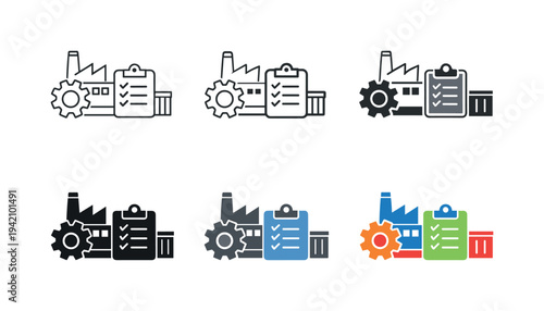 Industrial Icon Grid. Industrial resource icon combining a factory, gear, clipboard, and container, representing production