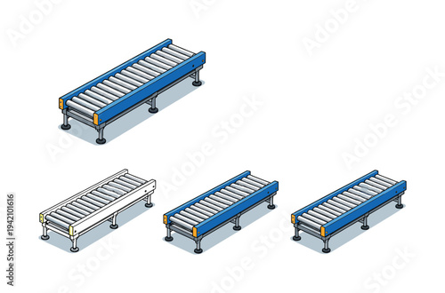 Step execution shown through a modular conveyor belt section with rollers and side rails presented as a single continuous