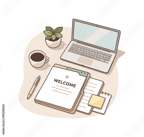 Calm Office Onboarding. Calm new employee onboarding concept with welcome folder and laptop slightly angled for balance shown from