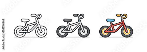Bicycle Toy Icons. Everyday fun scene portrayed as a child-sized bicycle with simple frame, handlebars, and wheels shown in side