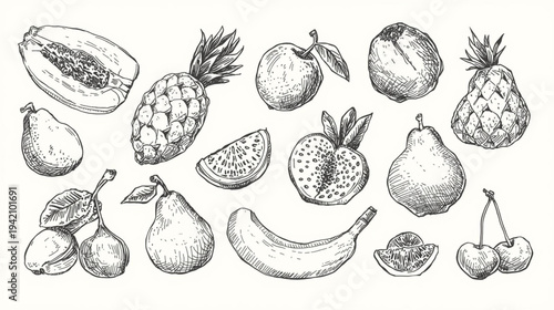 This image features a collection of detailed, hand-drawn fruit sketches in a vintage engraving style, including papaya, pineapple, pear, banana, and other fruits on clean  white background 