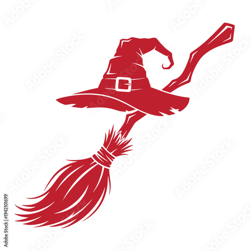Red witch hat and broomstick flying magic halloween symbol isolated on white background