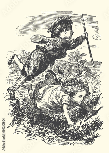 Classic etched graphic design portraying a buoyant young boy soaring with a stick, his companion girl crawling through the grass below, depicting childhood outdoor adventures.
