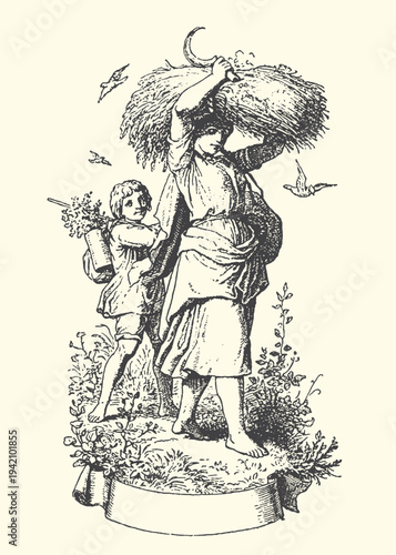 Vintage vector illustration depicting a mother and child returning from the harvest carrying sheaves of grain under a crescent moon.