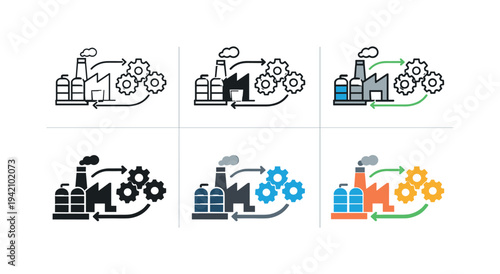 Industrial resource management icon showing a factory with gears, storage containers, and symbolic resource flow indicators