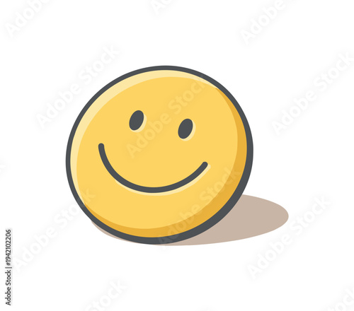 Smiley face badge slightly tilted with subtle depth shown in side view, arranged in the right third of a 3:2 canvas with generous