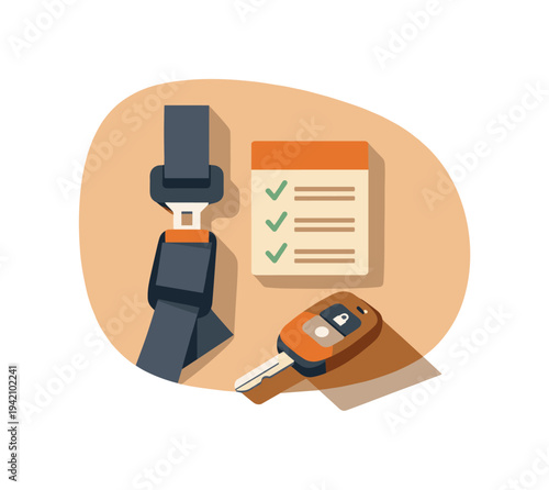 Safe driving essentials concept with simple seatbelt dashboard checklist and car key arranged neatly seen from top-down view,