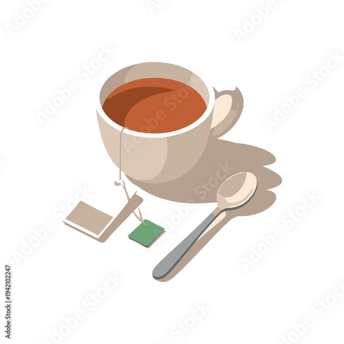 Minimal Tea Time. Minimal tea time calm ritual with cup teabag and spoon loosely arranged seen from a top-down angle, offset to