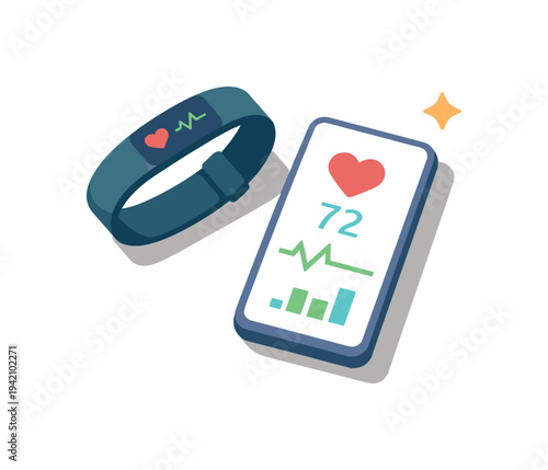 Minimal health monitoring device concept with wearable band sensor icon and phone loosely arranged seen from a top-down angle,