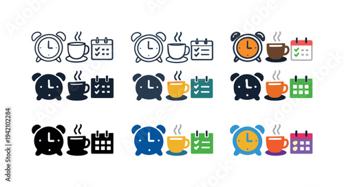Daily Routine Icons. Everyday routine icon depicting a stylized alarm clock, coffee cup, checklist, and calendar representing