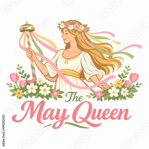 Enchanting May Queen illustration with floral crown, flowing ribbons, spring blossoms, and graceful feminine beauty, celebrating tradition, renewal, nature, joy, and elegance