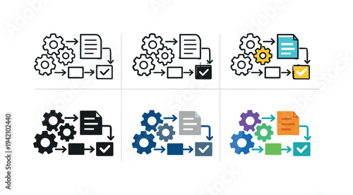 Business process optimization icon depicting stylized gears, flowcharts, arrows, and documents representing workflow efficiency,