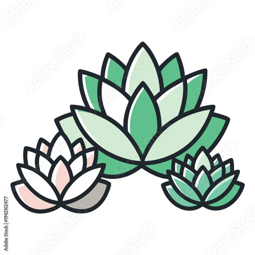 Beautiful Group of Stylized Lotus Flowers with Delicate Petals Illustrating Serenity and Growth