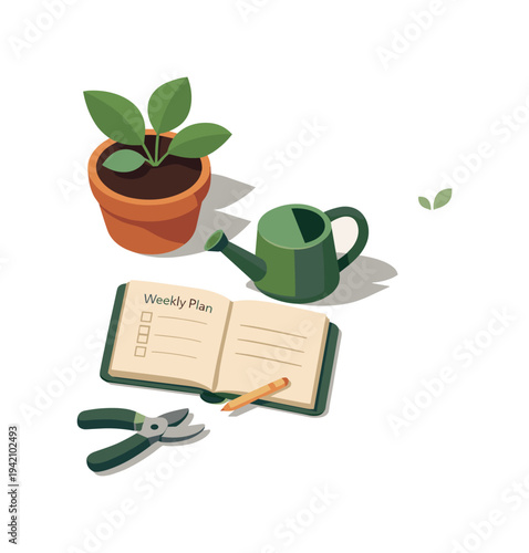 Minimal plant care weekly routine concept with potted plant watering can notebook and pruning shears loosely arranged seen from a