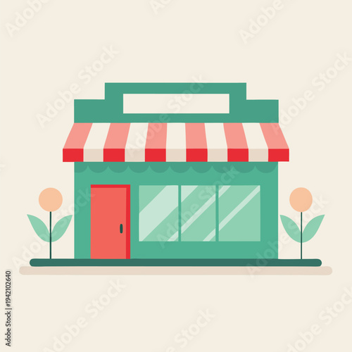 Charming small business storefront featuring a striped awning and display windows in a modern flat design style