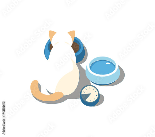 Airy cat feeding routine concept emphasizing clarity and negative space seen in top-down macro perspective, positioned in the