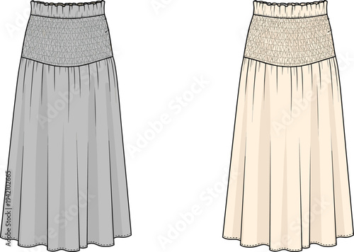 Women Smocked Waist Maxi Skirt Fashion Illustration with Flowy A Line Silhouette Elastic Waistband Flat Technical Apparel Design Template