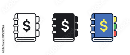 Organized money outcome shown as a bound ledger book with visible spine and tabs, same silhouette repeated neatly across the