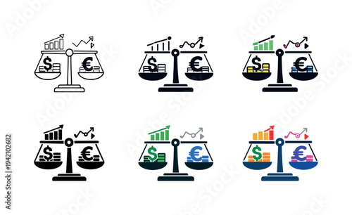 Financial equilibrium icon depicting scales balanced with coins, currency symbols, and economic indicators representing stable