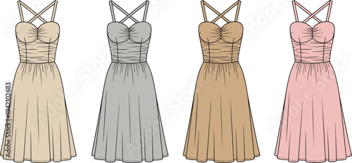 Women Strappy Sweetheart Neck Midi Dress Fashion Illustration with Cross Back Straps and Fitted Bodice Flat Technical Apparel Design Template