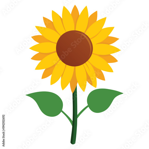 A bright yellow sunflower with green leaves stands tall and vibrant, symbolizing summer and natures beauty