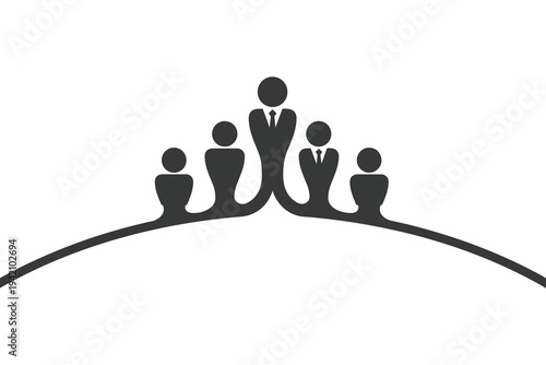 A group of business people standing on a curved line, teamwork and partnership concept in a minimalist style.