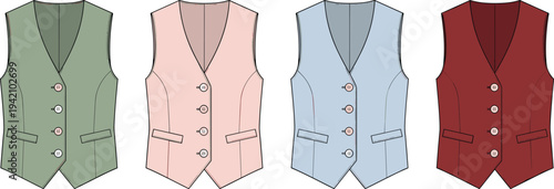 Women Tailored Button Front Vest Fashion Illustration Set with V Neck and Pockets Flat Technical Apparel Design Template Collection