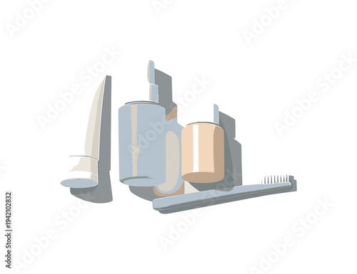 Airy minimal travel toiletries concept emphasizing light packing and negative space seen in top-down macro perspective,