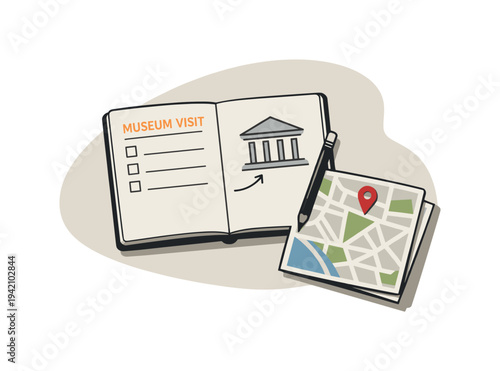 Japandi Museum Planning. Calm museum visit planning concept with notebook and map slightly angled for balance shown from above,