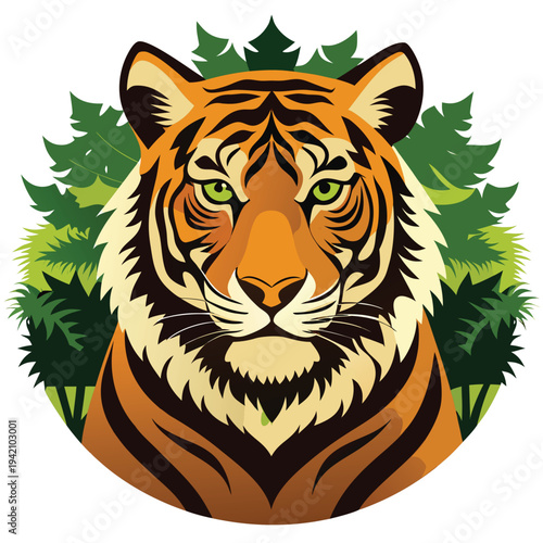 Majestic tiger head with striking green eyes surrounded by lush forest foliage