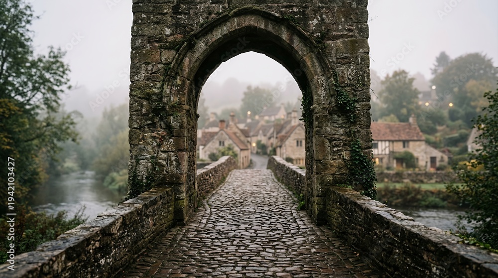Obraz premium A stone bridge with an archway leads to a quaint village nestled among trees and a river on a foggy day